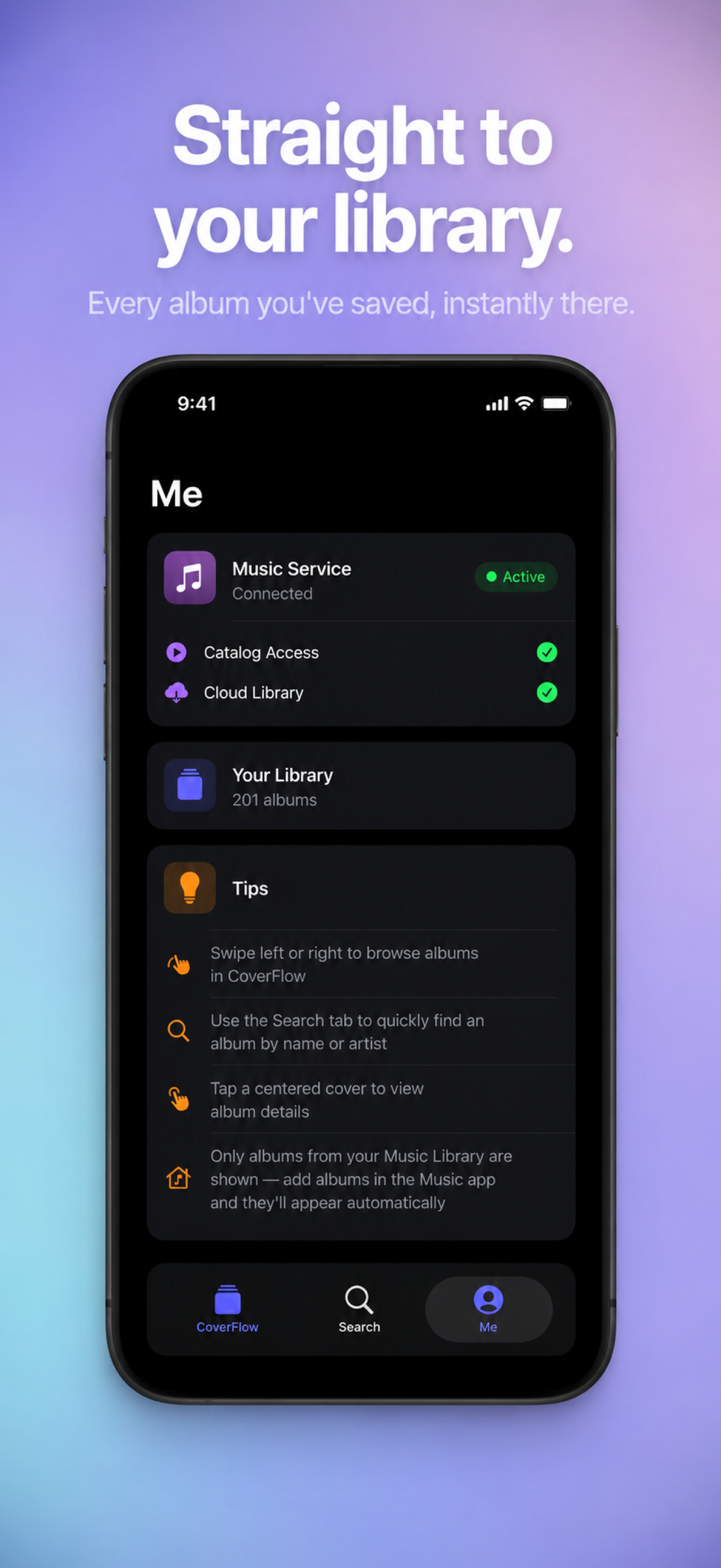Me tab showing connection status